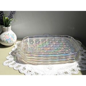 Set of 4 Iridescent Glass Snack Trays with Cup Holder, Vintage Luncheon Plates